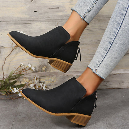 British Style Bootie Pointed Martin Boots  Cross-Border Foreign Trade Large Size Thick Heel after Zipper Thin Shoes Factory Wholesale