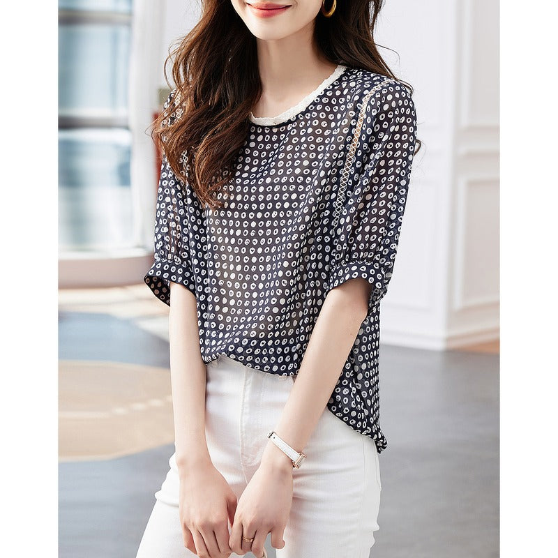 XIWYINSHE Dotted Prints Short-Sleeved Shirt for Women  Summer New Lace Patchwork round Neck Graceful and Fashionable Top