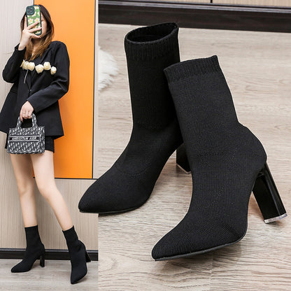 HOTan and NEWn Foreign Trade Pointed Flying Woven Stretch Boots Women's Fall plus Size High Heel Boots Chunky Heel Wish in Stock