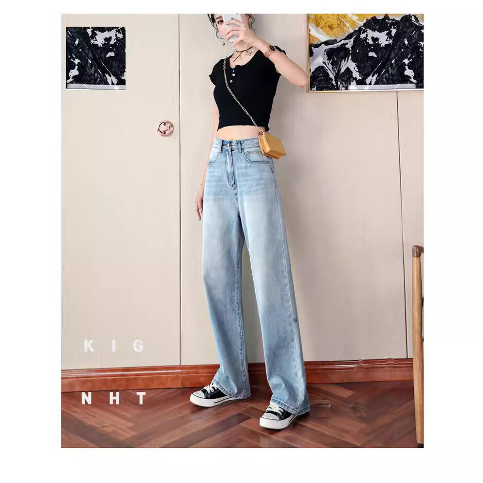 2024 Summer New Wide Leg Jeans Women's High Waist Slimming Straight Pants Casual Cotton Jeans Women