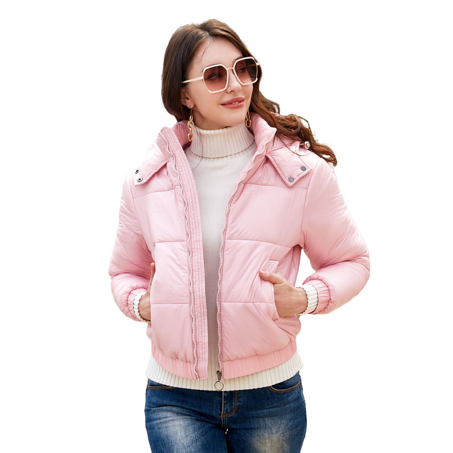 New cross-border autumn and winter hooded cotton-padded clothes 20D film-covered anti-splashing European and American fashion jackets long-sleeved glossy cotton-padded clothes for women