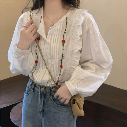 XIWYINSHE Wooden Ear Embroidered Shirt Autumn  New Design Sense  Minority Loose Outer Wear Shirt Women's Shirt Fashion