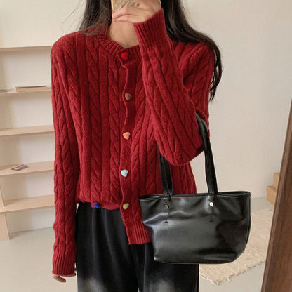 XIEYINSHE New Korean version of spring new solid-color round neck knitted cardigan colored love buckle soft waxy loose sweater women's top