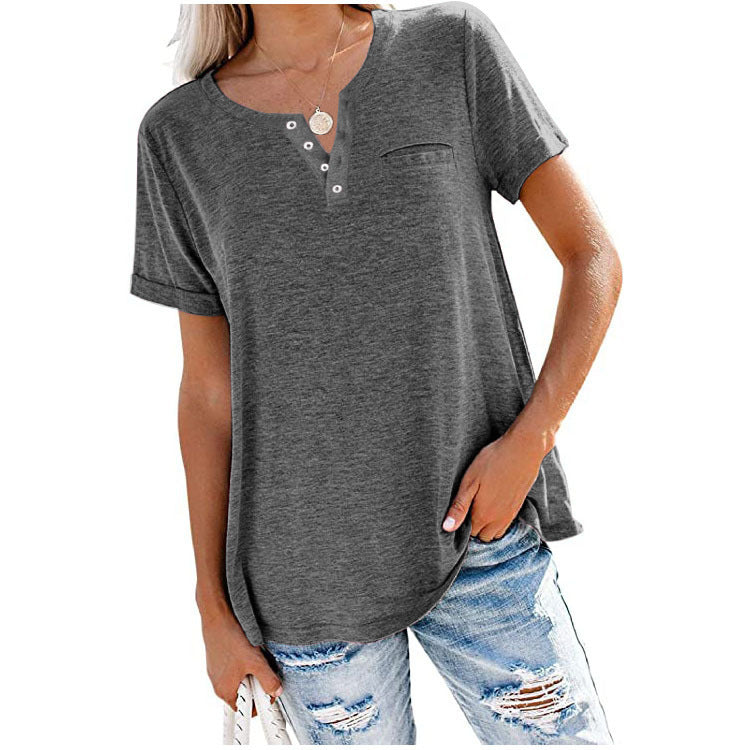 XIEYINSHE  Independent Station Foreign Trade  Cross Border New Spring and Summer Tops V-neck Short Sleeve Pocket Loose T-shirt for Women