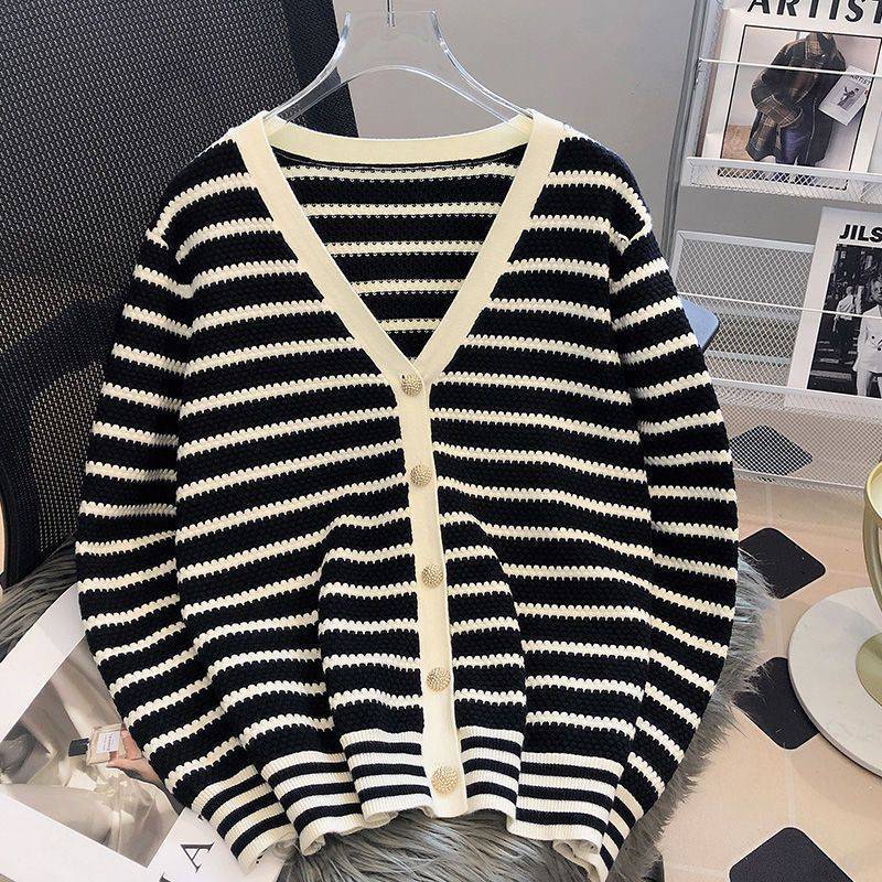 XIEYINSHE Sweater jacket knitted cardigan women's spring and autumn clothing thin outer with new popular black and white striped V-neck long-sleeved top