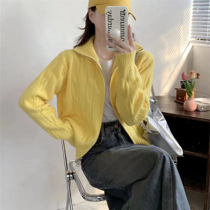 XIEYINSHE Korean twist knitted cardigan jacket short and thin new loose double zipper lapel sweater women's top trendy