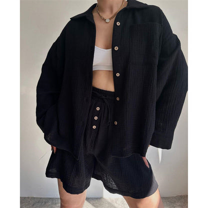 XIWYINSHE Shuyao  European and American Women's Clothing Champray Lapel Long Sleeve Shirt High Waist Drawstring Shorts Fashion Casual Two-Piece Suit