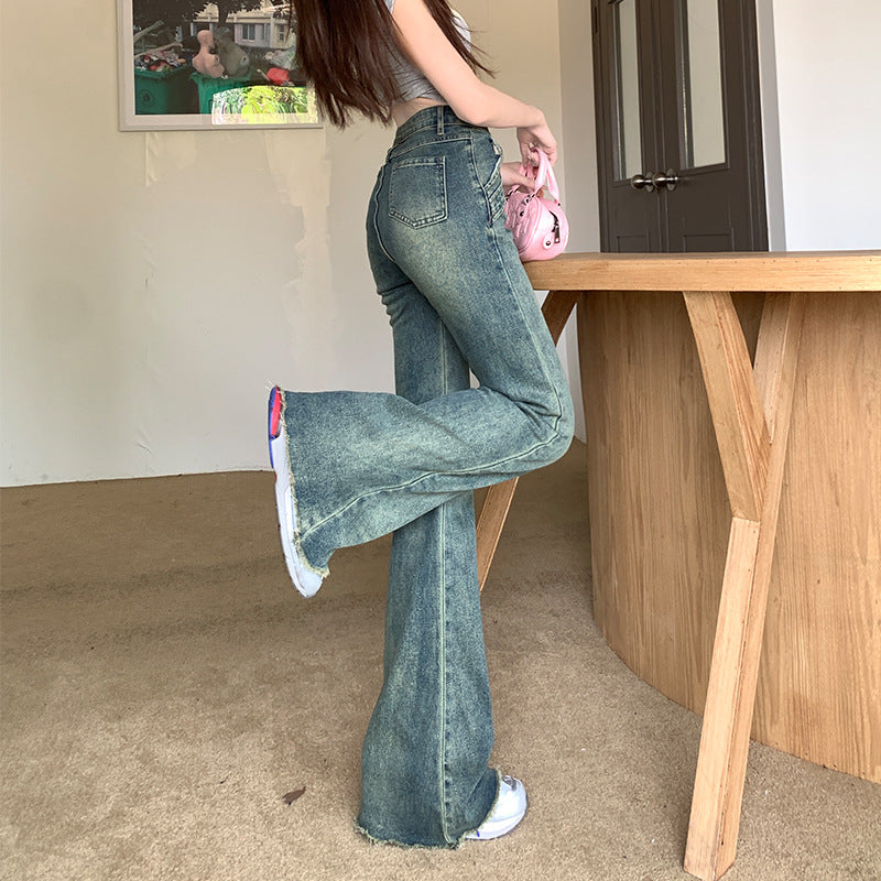 American Retro Hot Girl Low Waist Slightly Flared Jeans Women's Autumn New Washed Frayed Hem Elastic Slim Fit Slimming Trousers