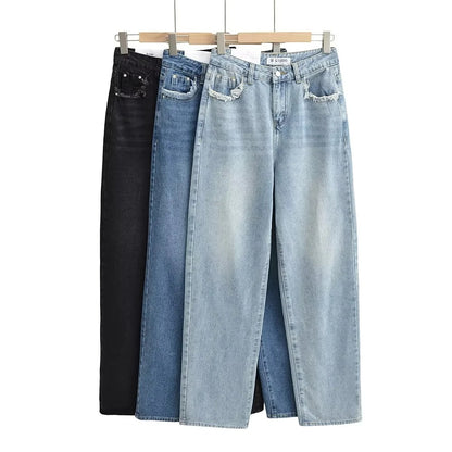 Hot Girl Ins Personalized Brushed Pocket High Waist Wide-Leg Jeans Women's Loose Slimming and Straight Mop Denim Trousers