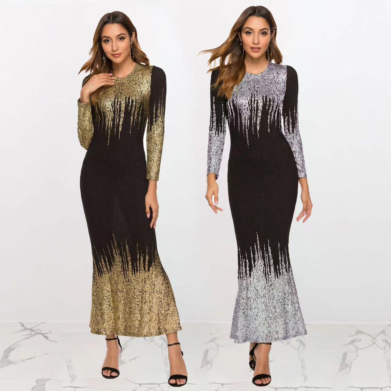 2024 European and American New  Bronzing Printed Slim Long Sleeve Dress Autumn and Winter Evening Dress Fishtail Dress