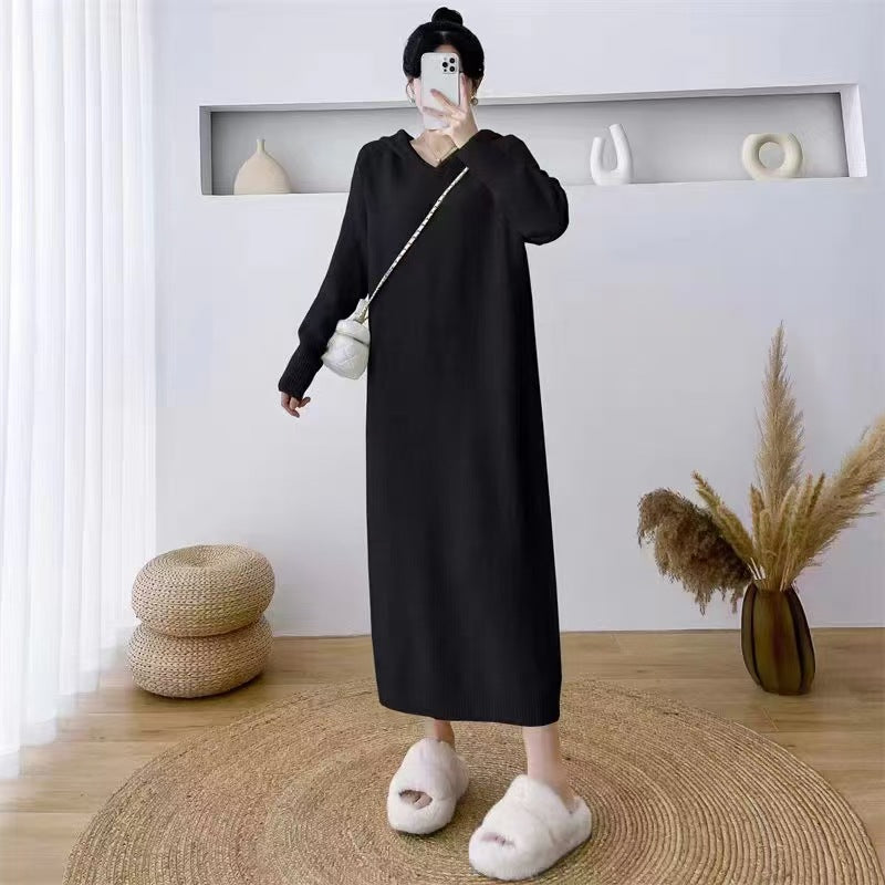 XIEYINSHE 2025Lazy hooded knitted dress women's popular autumn and winter new loose and thin outer with medium and long sweater women's coat