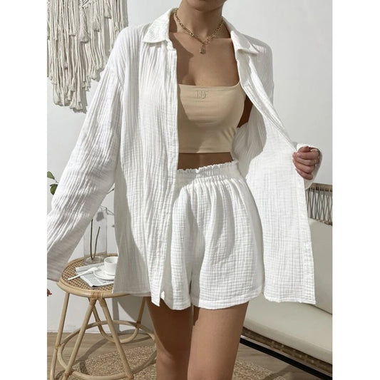 XIWYINSHE Cross-Border  European and American Women's Clothing Spring/Summer Fashion Solid Color Long Sleeve Shirt Outfit Women's Casual Loose Shorts Two-Piece Set