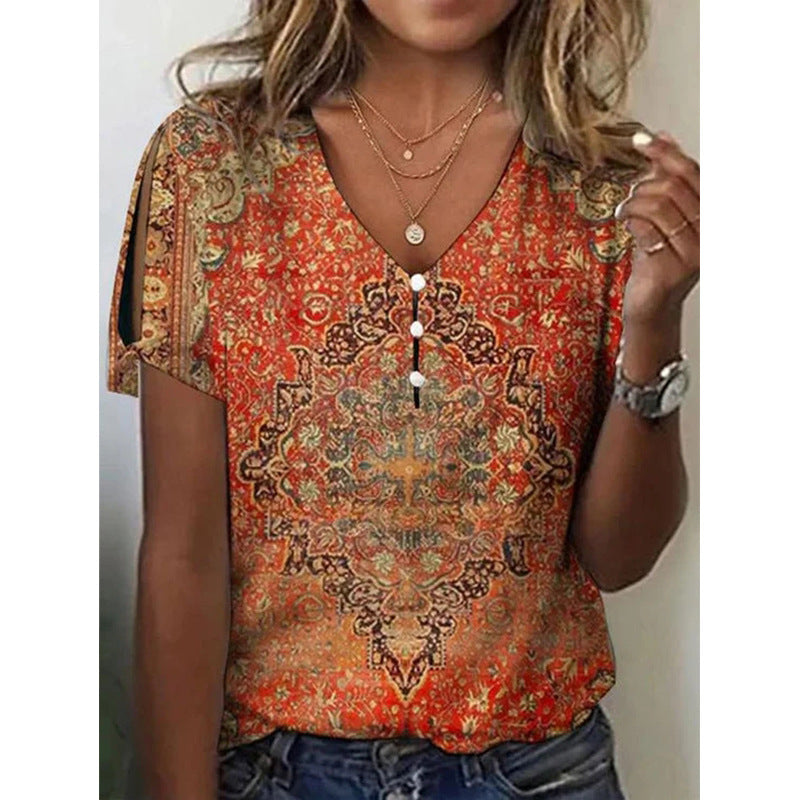 Independent Station    Cross Border Foreign Trade Summer Ethnic Style Positioning Printed Short-Sleeved Top Female