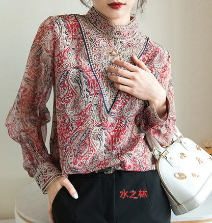 XIWYINSHE Red Faux Silk Shirt Women's  Spring New Fashionable Stylish Lantern Sleeve Machine Embroidery Mulberry Silk Top