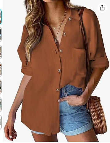 XIWYINSHE New Women's Cotton Button-down Shirt Casual Long Sleeve Loose Collar Linen Work Shirt Top with Mouth