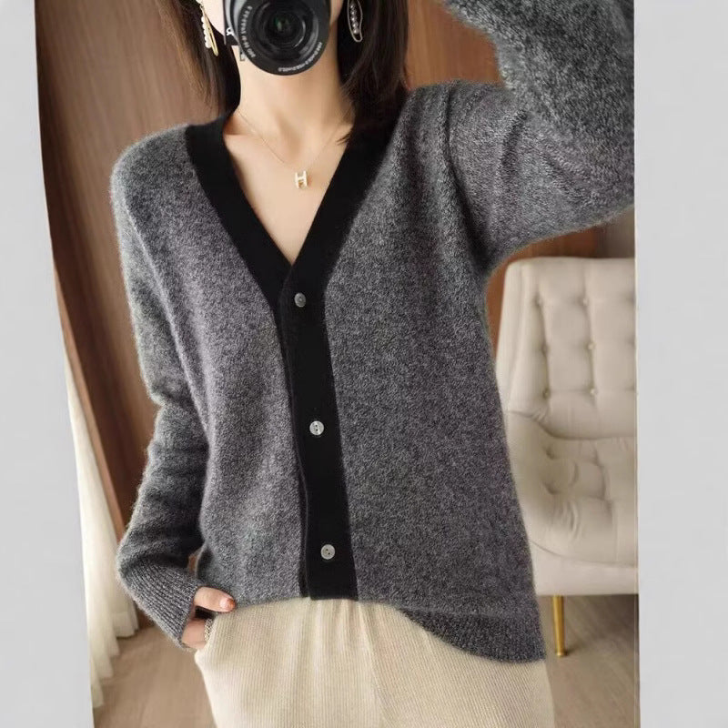 XIEYINSHE Lazy wind loose color matching knitted cardigan jacket women's New new v-neck age-reducing outer sweater top tide