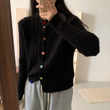 XIEYINSHE New Korean version of spring new solid-color round neck knitted cardigan colored love buckle soft waxy loose sweater women's top