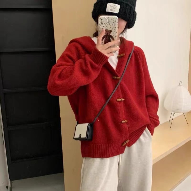 XIEYINSHE Spot autumn and winter hooded knitted sweater top solid color women's version lazy style solid color loose casual sweater cardigan jacket