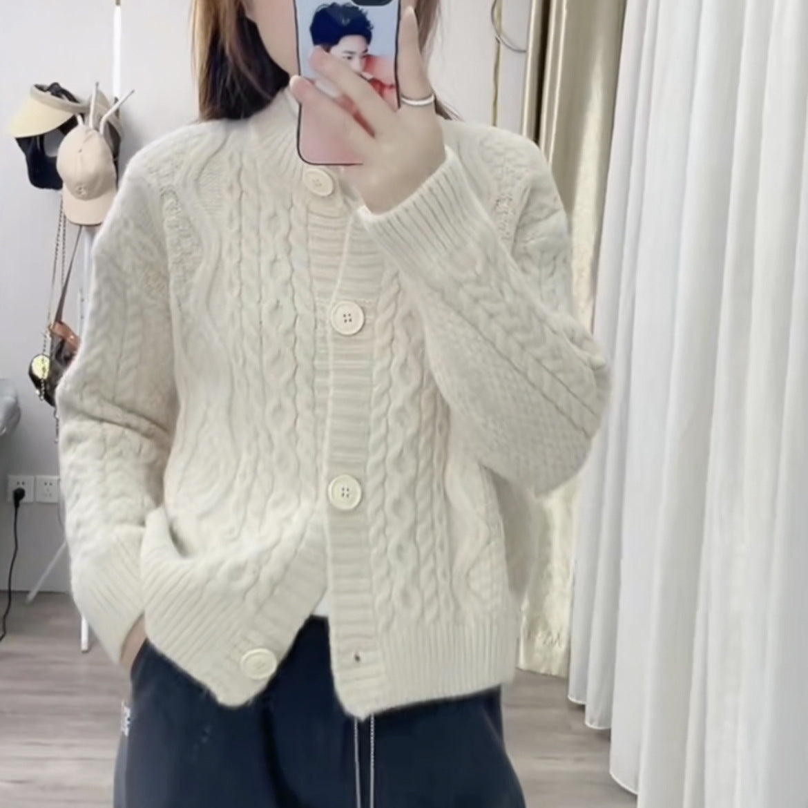 XIEYINSHE Autumn and winter new round neck solid color design sense knitted top trendy sweater jacket cardigan women loose wear lazy style