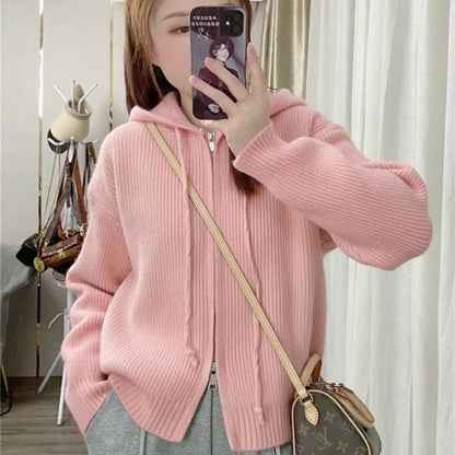 XIEYINSHE Hooded double zipper knitted cardigan autumn and winter new lazy style solid color top women's loose version thickened sweater jacket