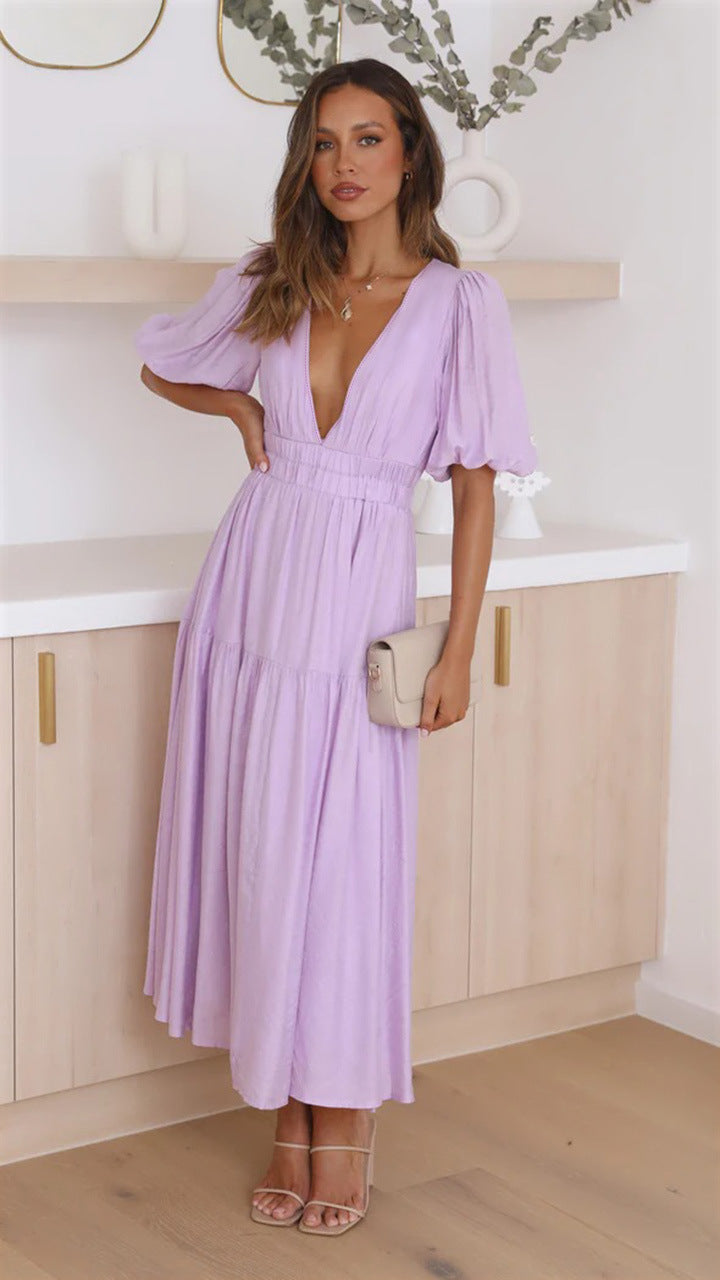 23 Years European and American Foreign Trade Casual Fashion Trends Summer  V-neck Tight Waist Mid-Length Dress 23047