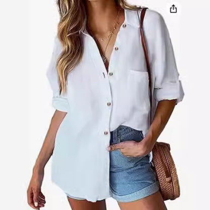 XIWYINSHE New Women's Cotton Button-down Shirt Casual Long Sleeve Loose Collar Linen Work Shirt Top with Mouth