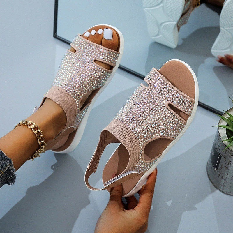 XIEYINSHE  Cross-Border Foreign Trade European and American Summer Women's Shoes Flying Woven Rhinestone Breathable Solid Color Rhinestone Beach Lightweight plus Size Women's Sandals