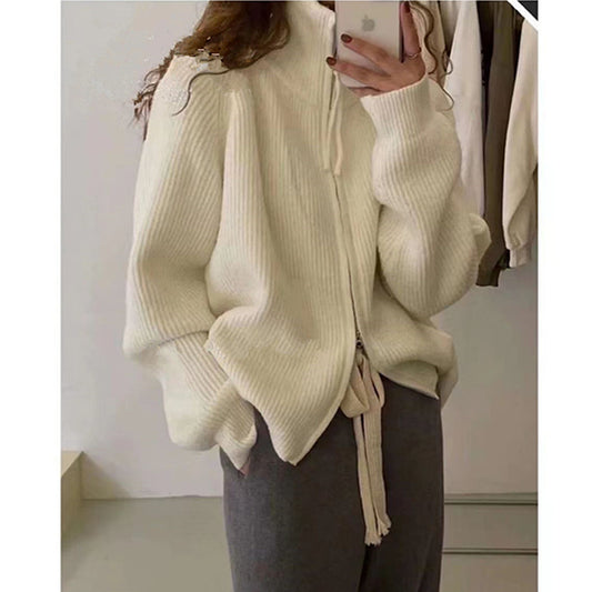 XIEYINSHE Women's coat winter new fashion loose knitted cardigan women's soft waxy design zipper sweater lazy style coat