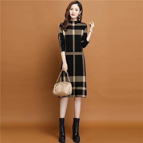 XIEYINSHE 2025popular autumn and winter new dress knee splicing semi-turtleneck loose with coat knitted sweater skirt medium and long