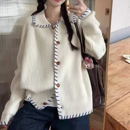 XIEYINSHE Design sense contrasting color lapel sweater jacket autumn and winter Korean lazy loose and thin knitted cardigan women's outerwear top