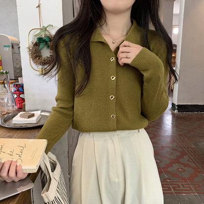 XIEYINSHE New Spring and Autumn POLO Neck Knitted Cardigan Top Korean Simple Fashion Slim-fit Solid Color Sweater Women's Single Wear Outside