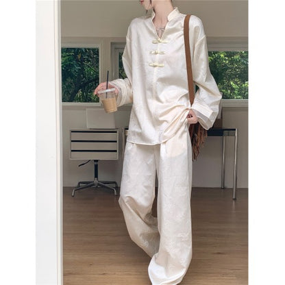 XIWYINSHE Cross-Border New Chinese Style Chinese Style Suit Mid-Length Chinese Knot Button Shirt Women's Summer Jacquard Wide-Leg Pants Two-Piece Suit