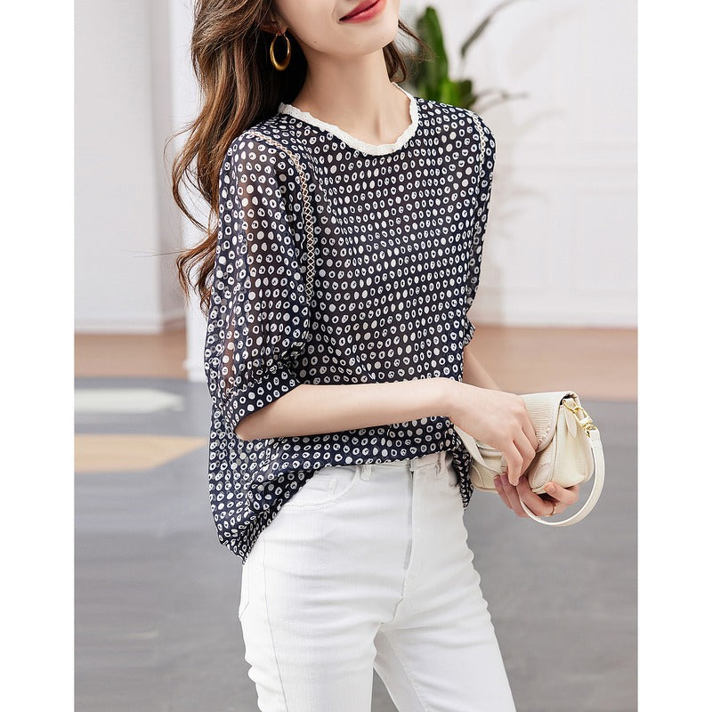 XIWYINSHE Dotted Prints Short-Sleeved Shirt for Women  Summer New Lace Patchwork round Neck Graceful and Fashionable Top