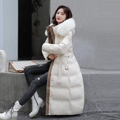 2023 winter new European and American down cotton clothes women's long over-knee big fur collar Korean version slim and thin belt cotton-padded clothes