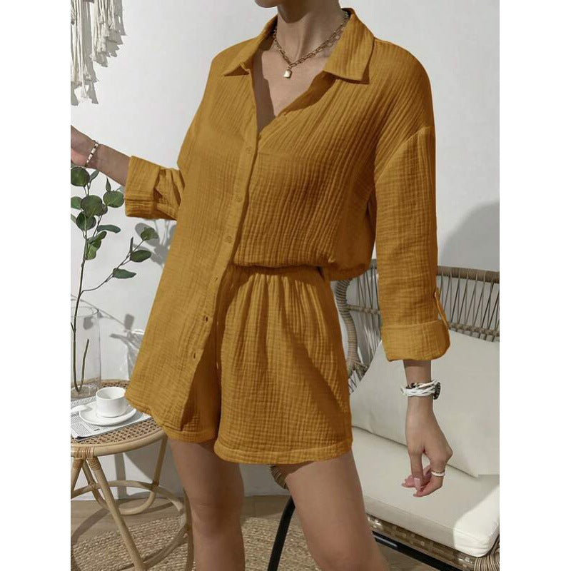 XIWYINSHE Cross-Border  European and American Women's Clothing Spring/Summer Fashion Solid Color Long Sleeve Shirt Outfit Women's Casual Loose Shorts Two-Piece Set