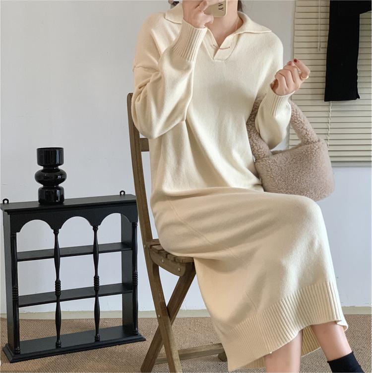 XIEYINSHE 2025Polo collar bottoming skirt autumn and winter with coat long over knee lazy wind loose thick sweater knitted dress women