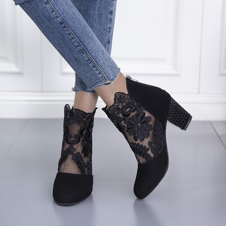 Lace Mesh High Heel Sandal Boots Women's  Foreign Trade plus Size European and American Fashion round Head Chunky Heel Roman Sandals Wholesale