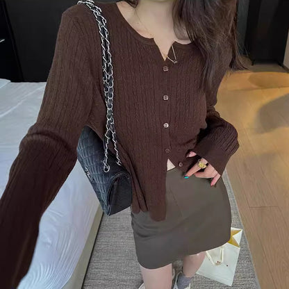 XIEYINSHE Retro twist versatile knitted sweater jacket women's New early autumn new long-sleeved crew neck sweater cardigan top