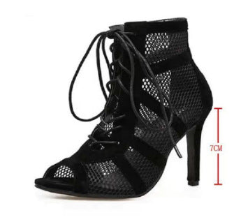 Cross-Border European and American New Black Mesh Suede Fashion Cross Bandage Sexy Women's High Heel plus Size Shoes