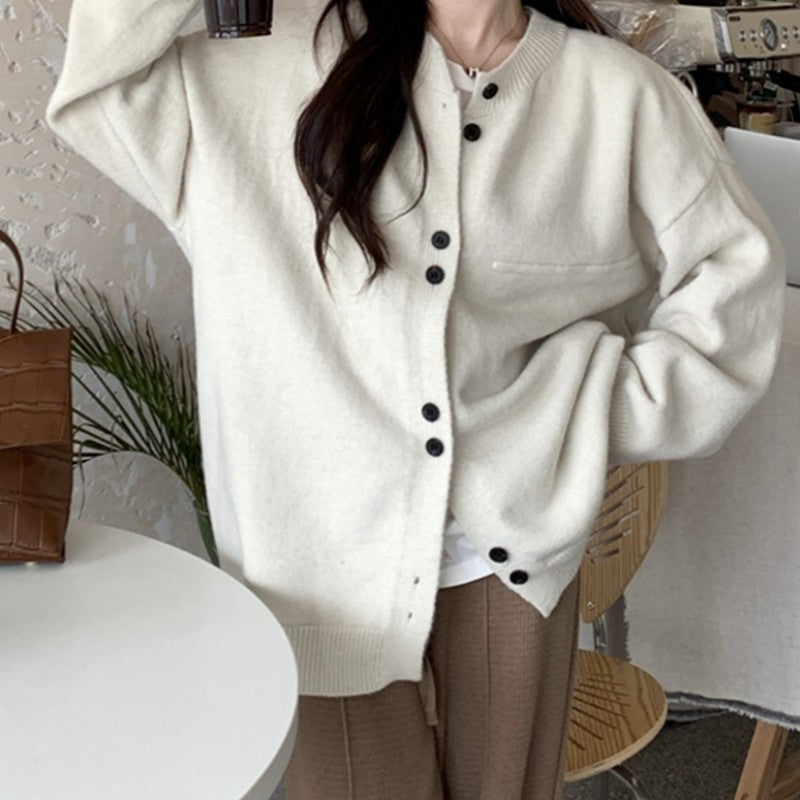 XIEYINSHE Gray lazy wind knitted cardigan women's spring and autumn loose Japanese soft waxy large size sweater jacket design sense top tide