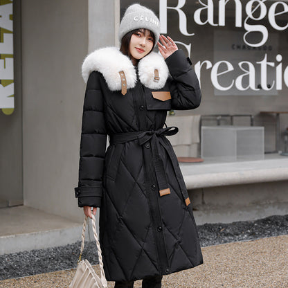 European and American white fur collar down cotton clothes women's winter 2023 new thin fashion medium and long knee waist coat coat