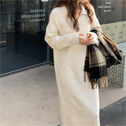 XIEYINSHE 2025Polo collar bottoming skirt autumn and winter with coat long over knee lazy wind loose thick sweater knitted dress women