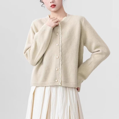 XIEYINSHE Autumn and winter crew neck casual knitted jacket versatile pearl buckle fresh and sweet college style sweater cardigan top women