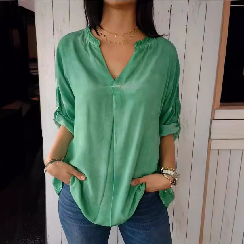 XIWYINSHE Cross-Border Foreign Trade European and American EBay  Wish Best Selling Women's Clothes Spring and Autumn V-neck Cotton and Linen Pure plus Size Shirt