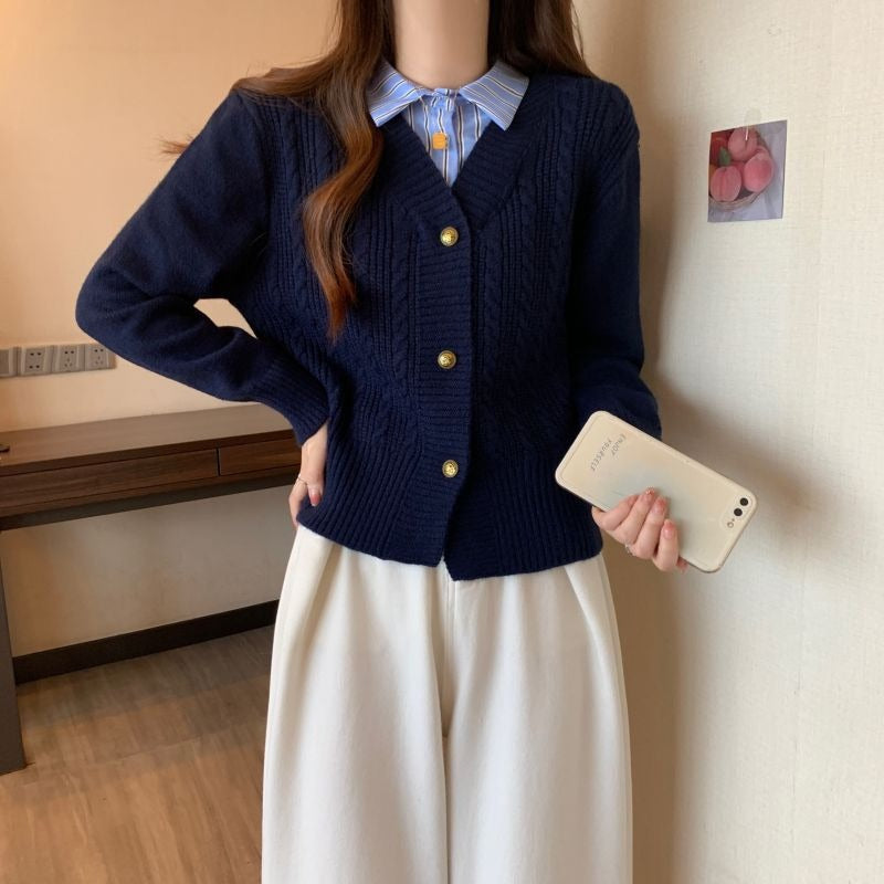 XIEYINSHE New autumn and winter courtyard style knitted cardigan loose twist versatile and thin simple splicing sweater women's top jacket