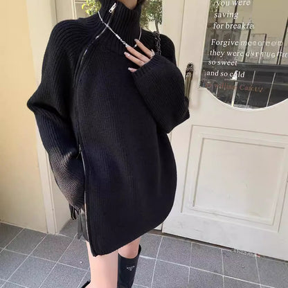 XIEYINSHE High-necked pullover sweater women's autumn and winter New new side zipper design sense niche loose lazy wind knitted top