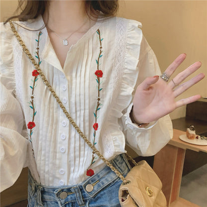 XIWYINSHE Wooden Ear Embroidered Shirt Autumn  New Design Sense  Minority Loose Outer Wear Shirt Women's Shirt Fashion