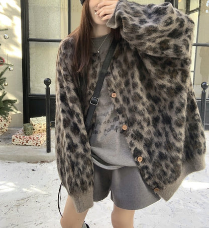 XIEYINSHE American leopard print jacquard sweater jacket women's New autumn and winter retro style loose and thickened fashion casual knitted cardigan