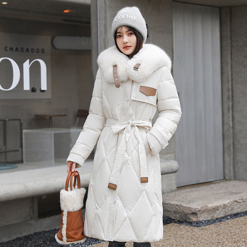 European and American white fur collar down cotton clothes women's winter 2023 new thin fashion medium and long knee waist coat coat