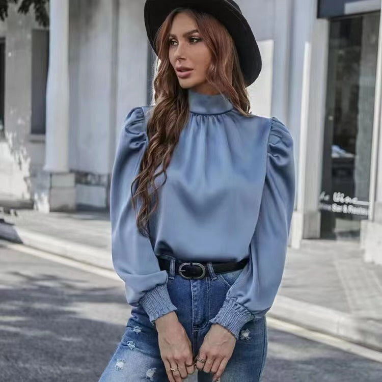 XIWYINSHE Cross Border New Commuter Silky Satin Solid Color Pleating round Neck Loose Long Sleeve Top Blouse